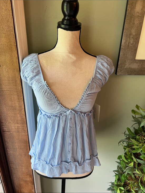 Frankee & Skylarr Tops - Light Blue Ruffle-Trim V-Neck Women's Blouse